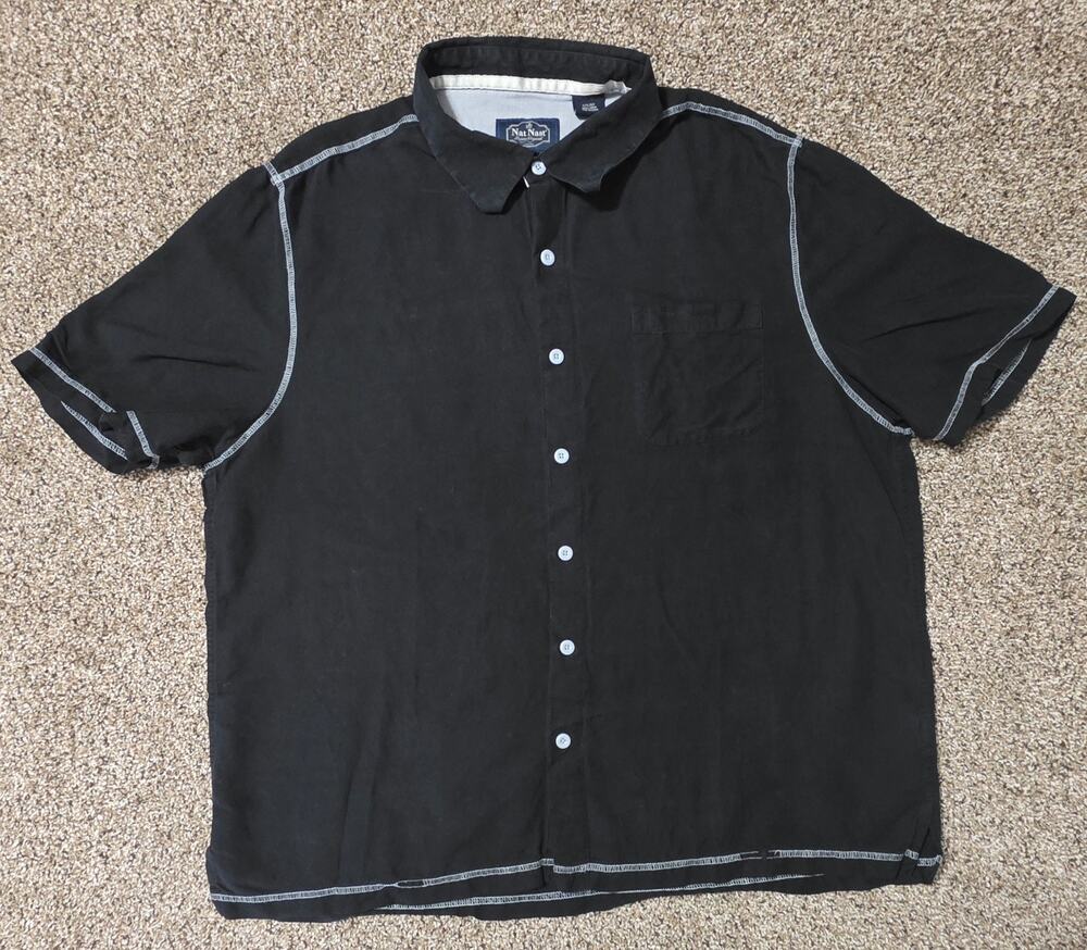 Nat Nast Mens XL Silk Linen Short Sleeve Shirt Black Bowling Camp Button Up